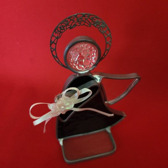 Vintage Stained Glass Free Standing Angel Holding a Flower Blue Suncatcher Pewte - Picture 9 of 12